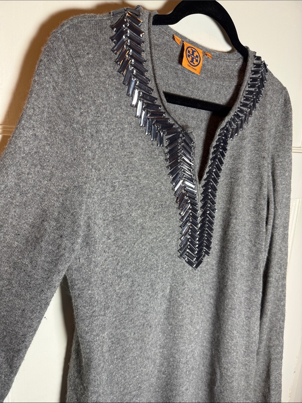 Tory Burch Gray V‑Neck Sweater with Silver Beaded Trim - Picture 4 of 8